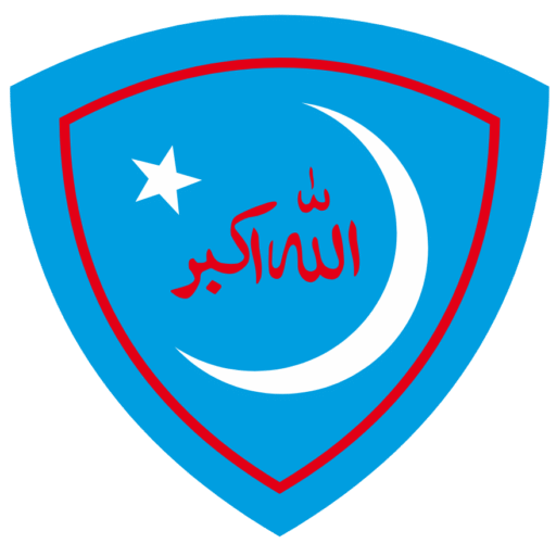 jamiat logo, blue triangle with red stripes on sides and white crescent and star in the middle along with Allahu Akbar written in red